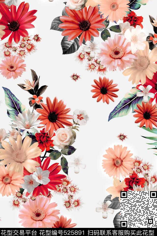 花型设计花卉组合 - 525891 - 黑白 牡丹花 热带风 - 数码印花花型 － 女装花型设计 － 瓦栏