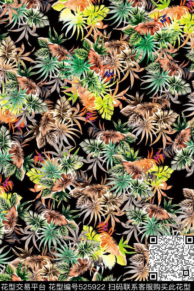时尚潮流热带植物棕树树叶面料印花 - 525922 - 热带 潮流时尚大牌 手绘热带植物 - 数码印花花型 － 其他花型设计 － 瓦栏