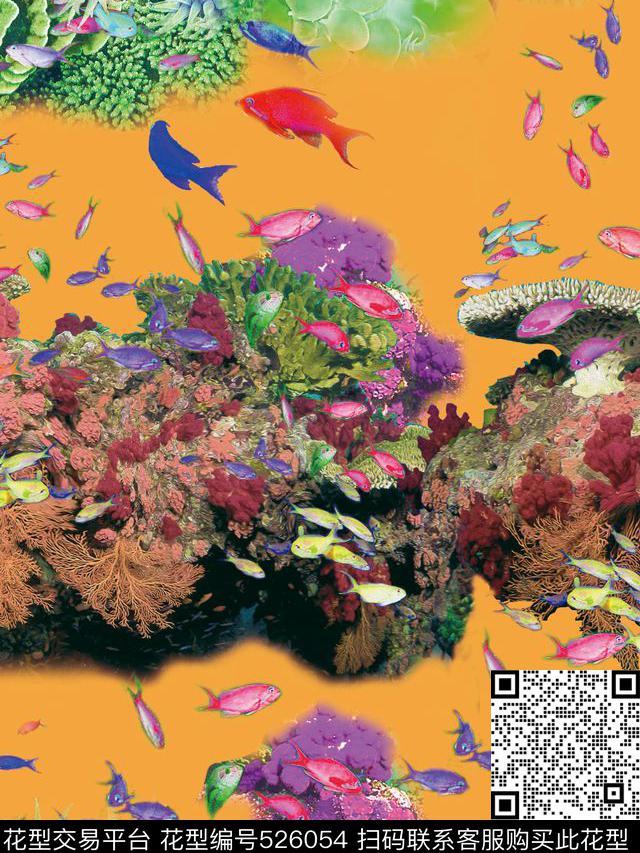 原创时尚大牌海底 珊瑚丛 小鱼花型 - 526054 - 原创 时尚 动物 - 数码印花花型 － 女装花型设计 － 瓦栏