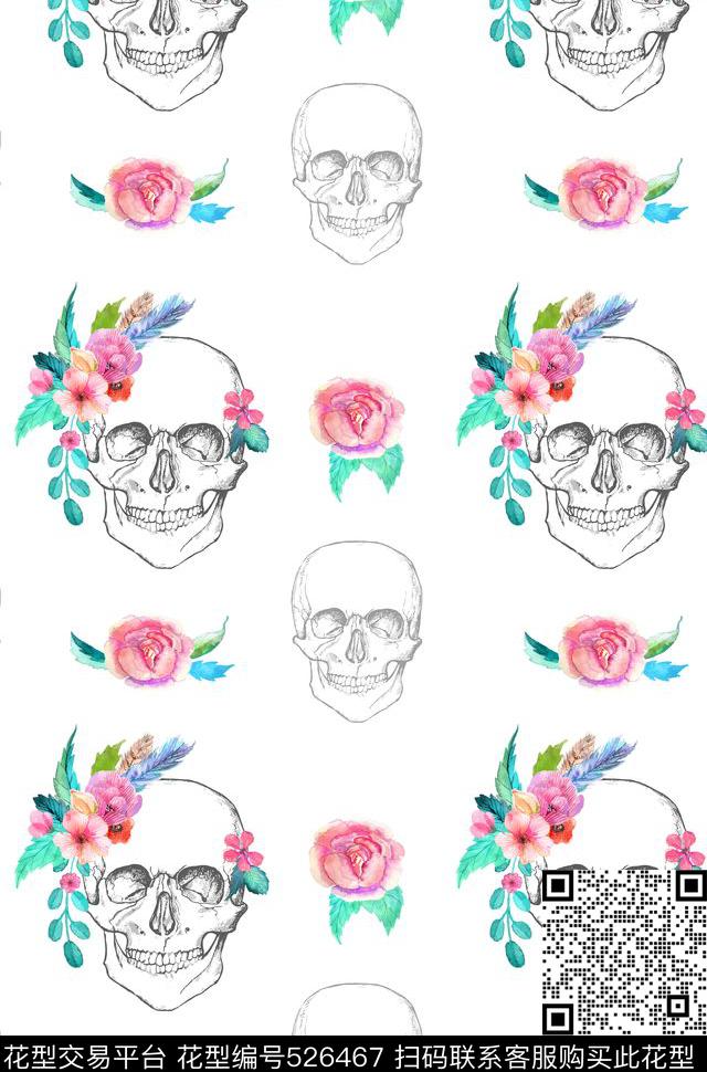水彩花 骷髅头 - 526467 - 水彩 花卉 骷髅头 - 数码印花花型 － 女装花型设计 － 瓦栏