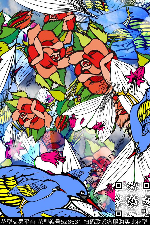 花鸟结合复古花卉风衬衣连衣裙家纺新花型 - 526531 - 花鸟结合衬衣花型 清新花卉 童装家纺 - 数码印花花型 － 女装花型设计 － 瓦栏
