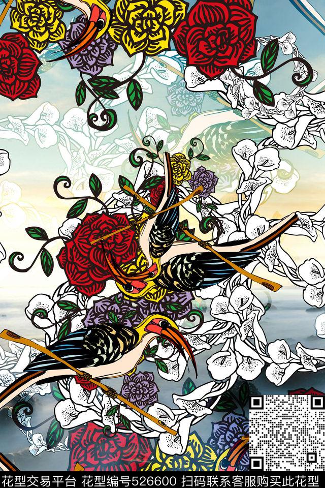 花卉宫廷风 - 526600 - 花鸟结合衬衣花型 时尚欧美风 文艺青年 - 数码印花花型 － 女装花型设计 － 瓦栏