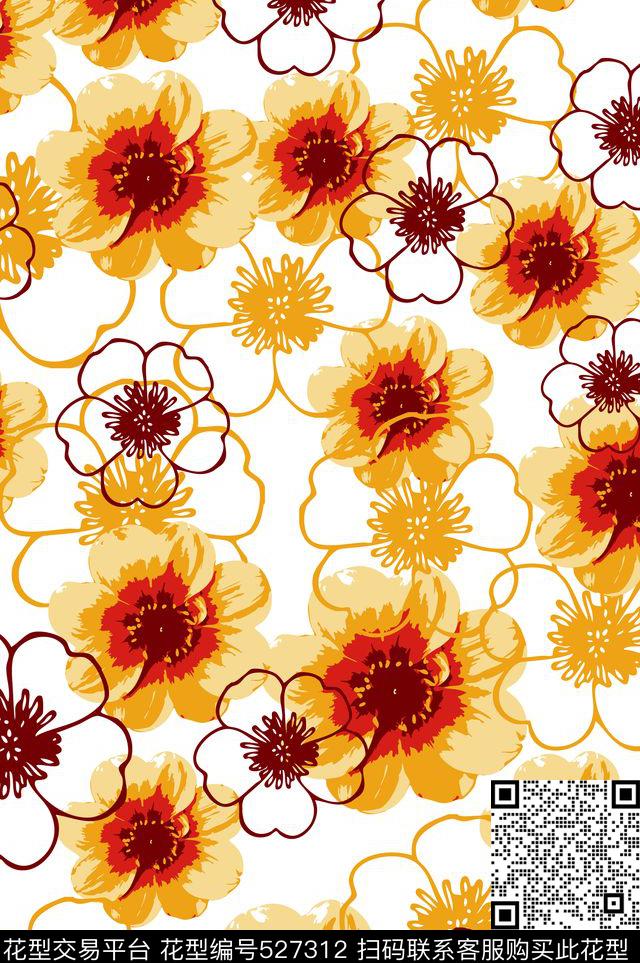 大花卉，线条花卉，沙发布，连衣裙图案 - 527312 - 大丽花 大花卉 线条花卉 - 传统印花花型 － 沙发布花型设计 － 瓦栏