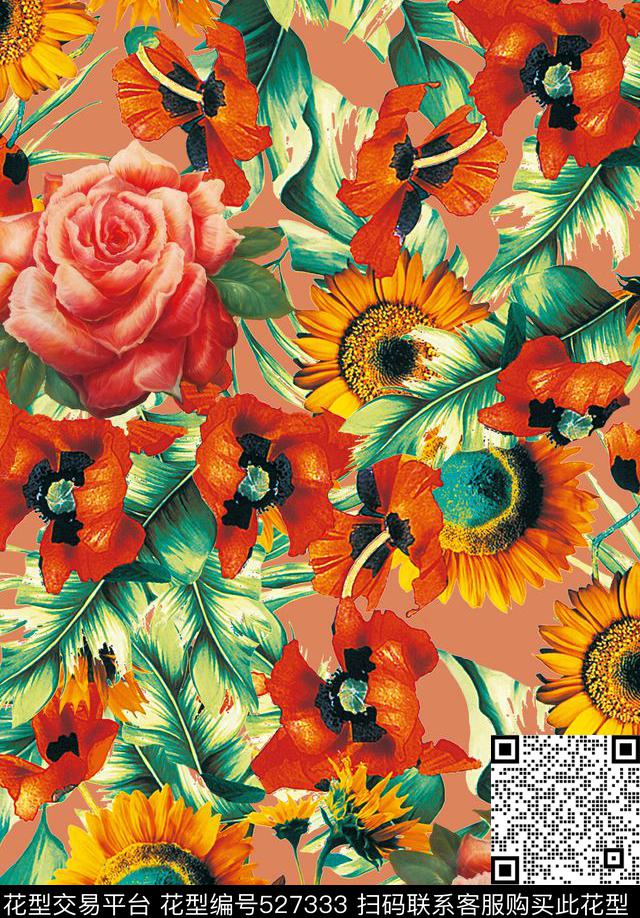 欧美复古手绘菊花热带花卉 - 527333 - 女装 潮流时尚大牌 手绘复古花卉 - 数码印花花型 － 其他花型设计 － 瓦栏