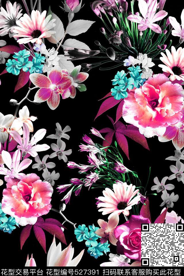 欧美时尚潮流花卉印花 - 527391 - 花卉 女装、箱包、写意花卉 写实 - 数码印花花型 － 女装花型设计 － 瓦栏
