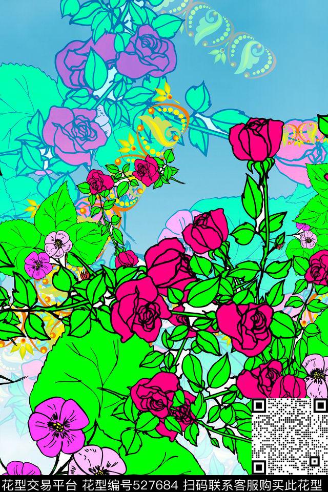 抽象几何时尚绿色清新花卉 - 527684 - 抽象几何 时尚花卉 女装连衣裙 - 数码印花花型 － 女装花型设计 － 瓦栏