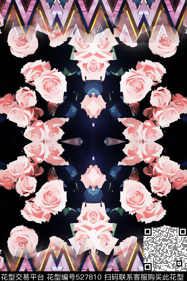 几何波西米亚玫瑰花系列 - 527810 - 波西米亚 玫瑰花 几何波浪 - 数码印花花型 － 女装花型设计 － 瓦栏