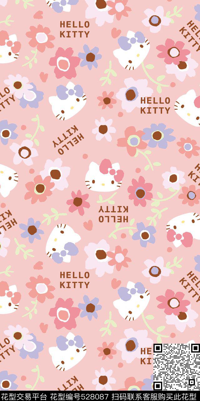 KT猫 动物 - 528087 - 花卉 叶子 英文 粉色 服装 家纺 沙发布 窗帘 箱包 手绘简笔画 数码花型 数码印花 面料印花 布匹面料 - 传统印花花型 － 沙发布花型设计 － 瓦栏
