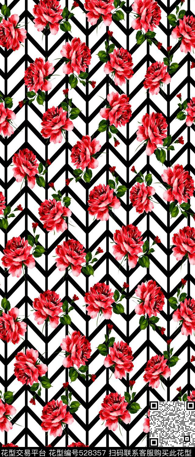 时尚手绘玫瑰印花 - 528357 - 大牌 花卉 手绘 - 数码印花花型 － 女装花型设计 － 瓦栏