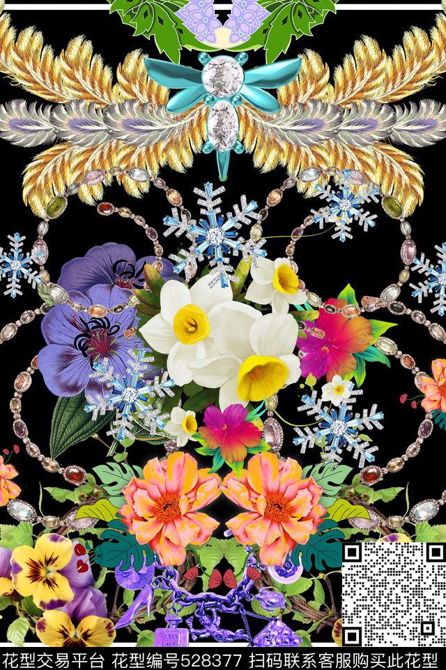 定位羽毛珠饰花卉 - 528377 - 定位 花卉 珠宝 - 数码印花花型 － 女装花型设计 － 瓦栏