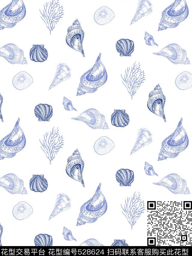 童趣 - 528624 - 海洋 贝壳类 简单 - 数码印花花型 － 床品花型设计 － 瓦栏