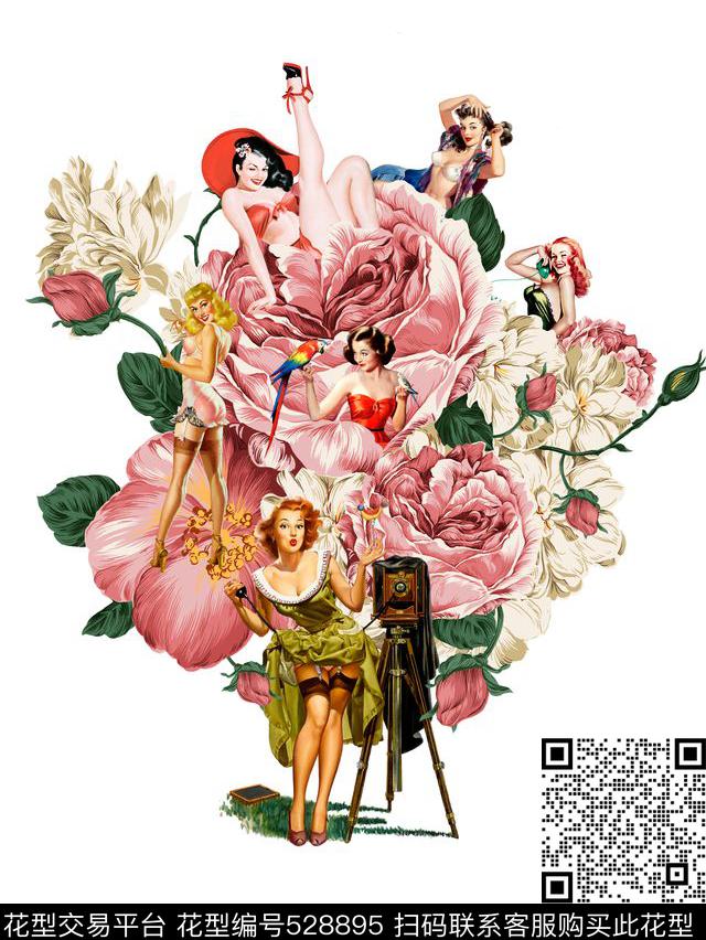 复古 性感 女性 花卉 时尚潮流 - 528895 - 复古 花卉 性感女性 - 数码印花花型 － 女装花型设计 － 瓦栏