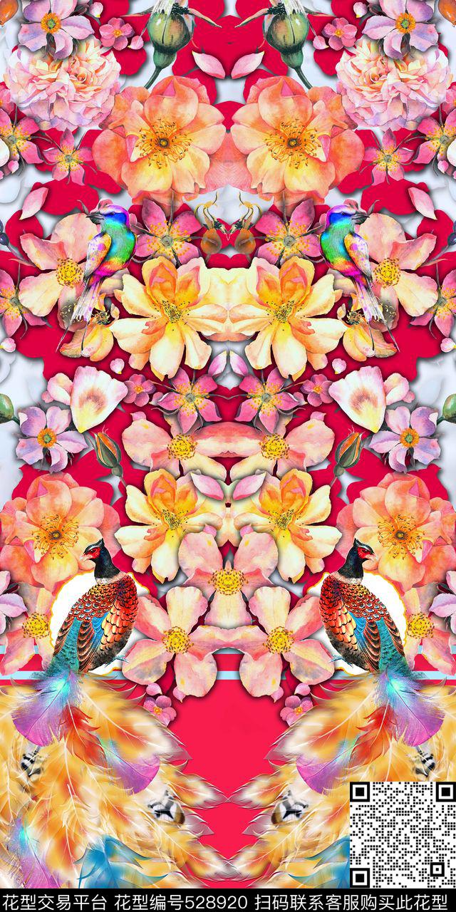 欧美手绘潮流时尚朦胧几何条纹梦幻花鸟花卉 - 528920 - 花卉 孔雀 鸟 - 数码印花花型 － 女装花型设计 － 瓦栏