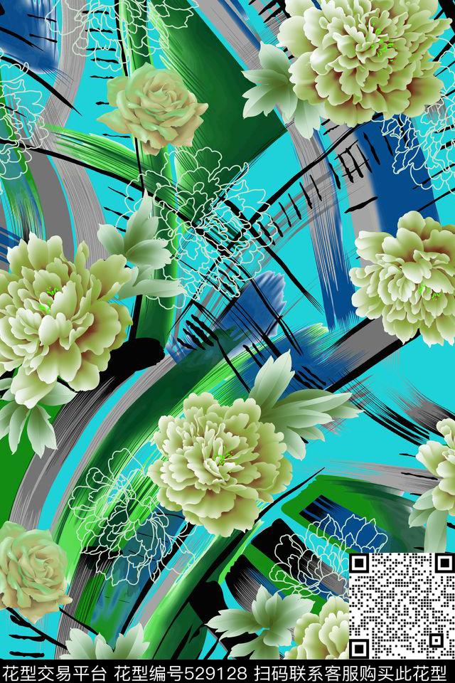 抽象几何牡丹花 - 529128 - 花卉 - 数码印花花型 － 女装花型设计 － 瓦栏