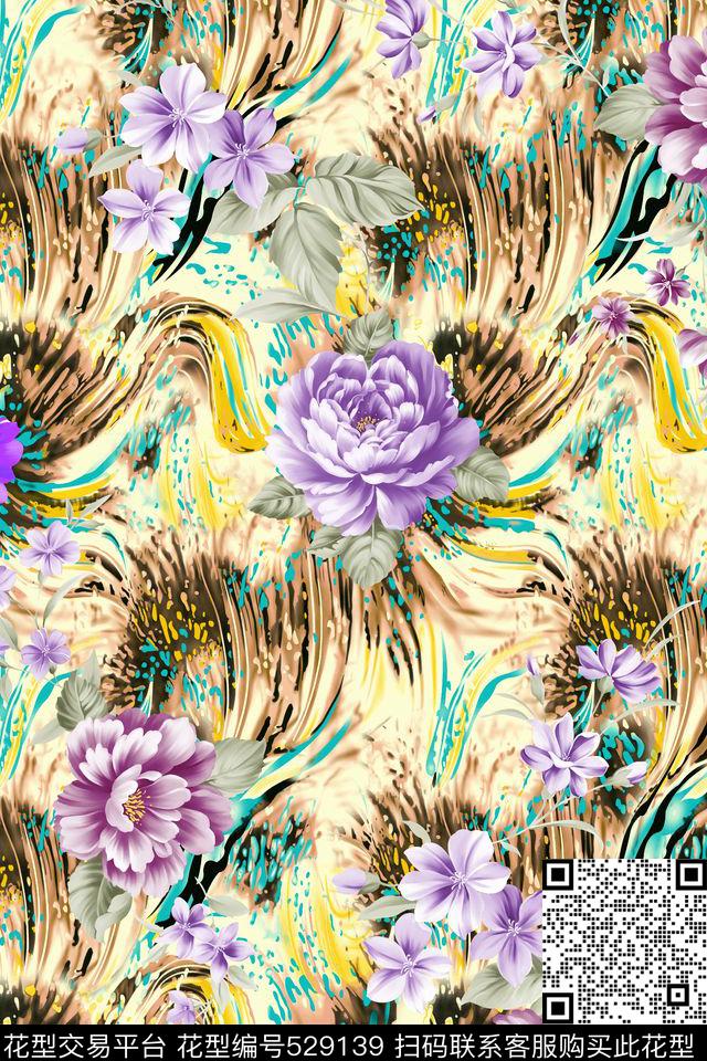几何抽象流水纹牡丹花 - 529139 - 花卉 - 数码印花花型 － 女装花型设计 － 瓦栏