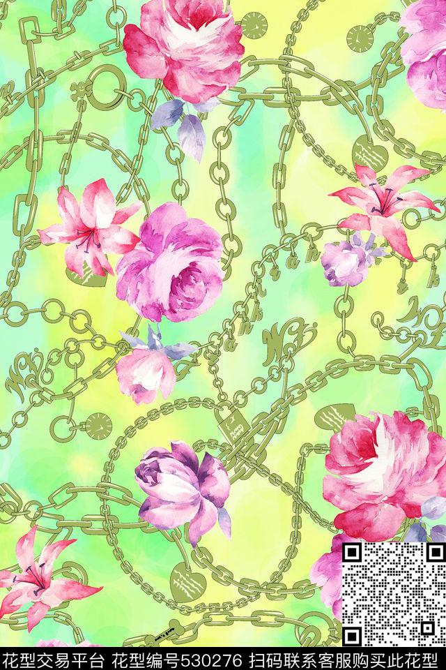 金属链条手绘牡丹花 - 530276 - 时尚 牡丹花 链条 - 数码印花花型 － 女装花型设计 － 瓦栏