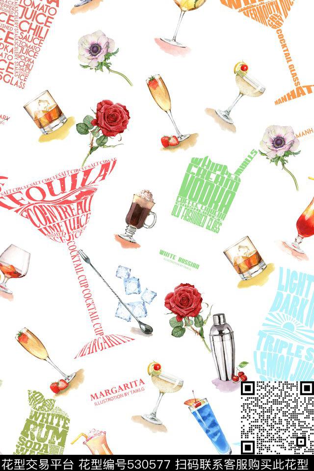 欧美手绘潮流时尚红酒杯水彩花卉 - 530577 - 调酒器 红酒杯 花卉 - 数码印花花型 － 女装花型设计 － 瓦栏