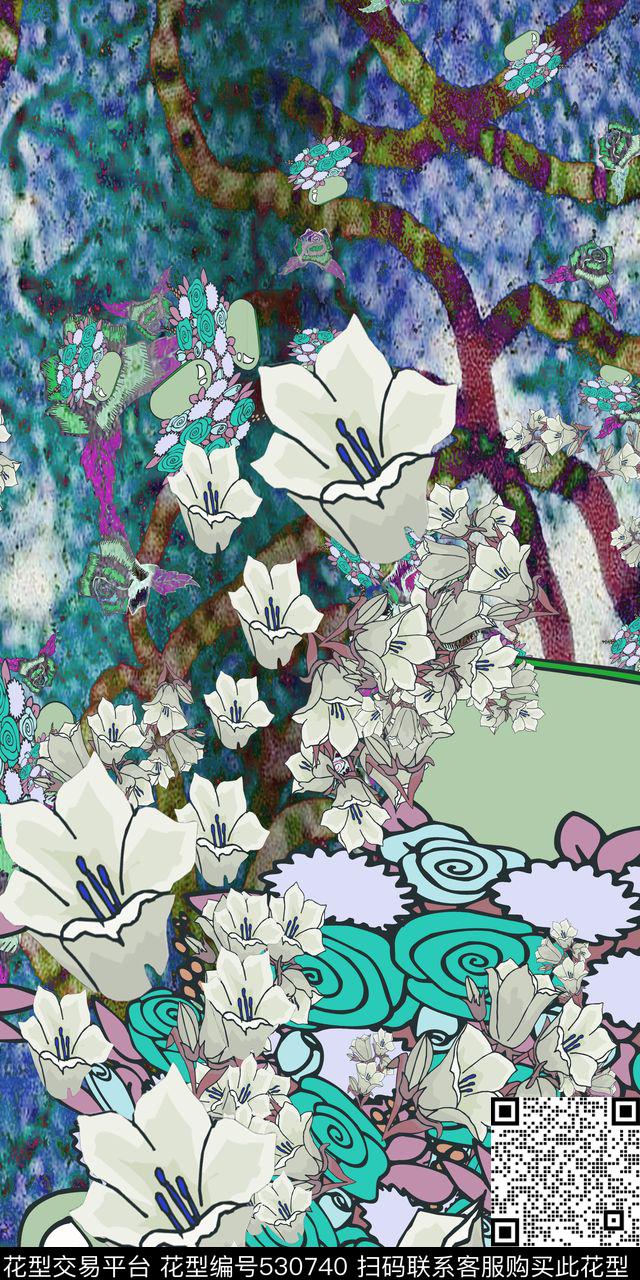抽象油画花卉定位花 - 530740 - 定位花 花卉 油画风 - 数码印花花型 － 女装花型设计 － 瓦栏