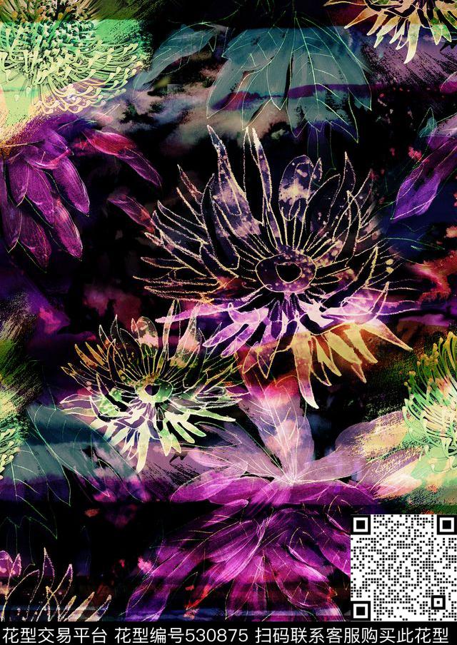 热带虹彩－8 - 530875 - 花卉 热带 自然 - 数码印花花型 － 女装花型设计 － 瓦栏