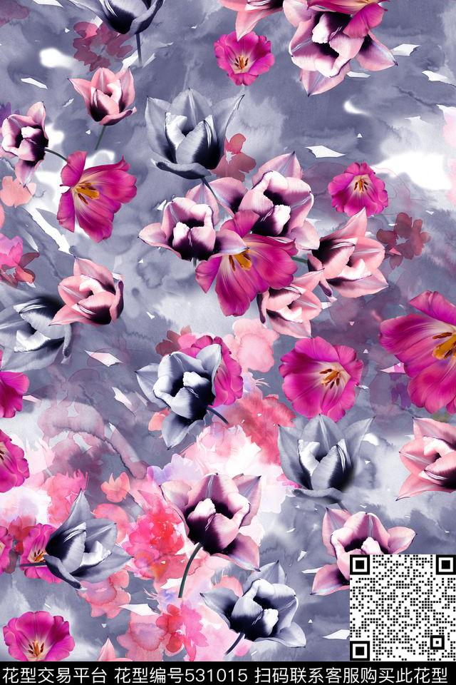 乱 - 531015 - 服装面料花型 水彩肌理 花卉 休闲时尚 抽象 水彩 花卉 民族 - 数码印花花型 － 女装花型设计 － 瓦栏