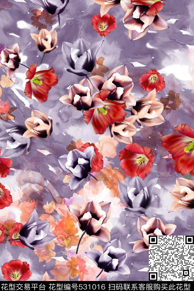 乱 - 531016 - 休闲时尚 抽象 水彩 花卉 民族 水彩肌理 花卉 服装面料花型 - 数码印花花型 － 女装花型设计 － 瓦栏