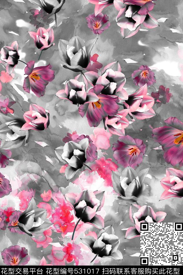 乱 - 531017 - 休闲时尚 抽象 水彩 花卉 民族 水彩肌理 花卉 服装面料花型 - 数码印花花型 － 女装花型设计 － 瓦栏