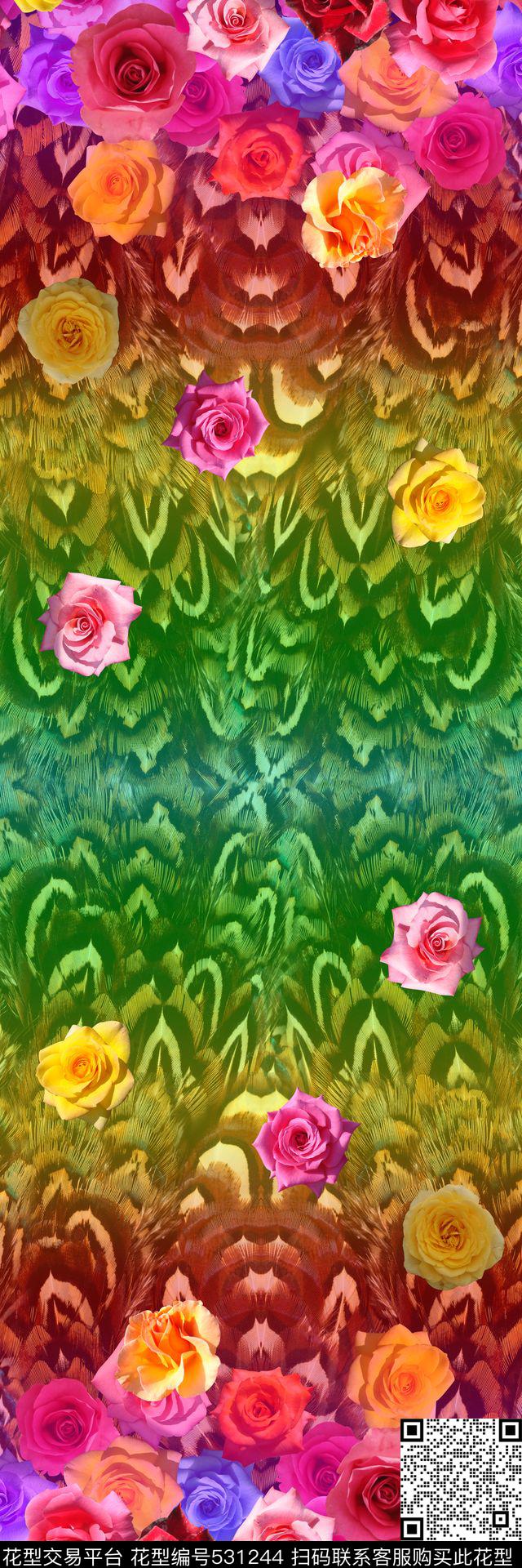 大气羽毛玫瑰花定位花型 - 531244 - 时尚 羽毛 玫瑰花 - 数码印花花型 － 女装花型设计 － 瓦栏