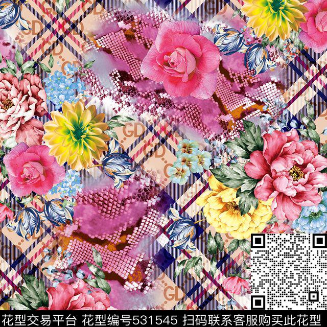 原创手绘字母格仔豹纹花卉组合印花 - 531545 - 花卉 女装 手绘格子 - 数码印花花型 － 其他花型设计 － 瓦栏