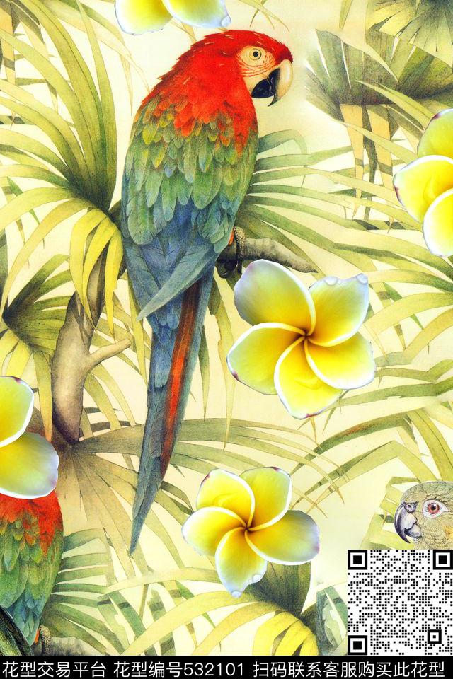 时尚热带植物花卉鸟类装饰印花 - 532101 - 女装 潮流时尚大牌 热带植物叶子 - 数码印花花型 － 其他花型设计 － 瓦栏