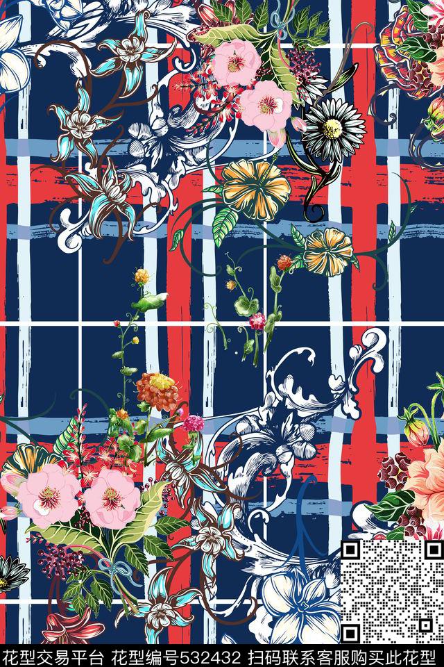 20151122 复古几何抽象条纹格子 手绘花卉鸟类 油画 - 532432 - 沙发布艺 四方连续 花鸟植物 - 数码印花花型 － 沙发布花型设计 － 瓦栏