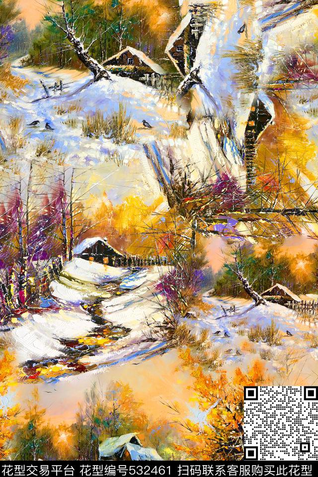 时尚冬季雪景复古小镇印花 - 532461 - 女装 油画雪景 欧洲小镇 - 数码印花花型 － 其他花型设计 － 瓦栏