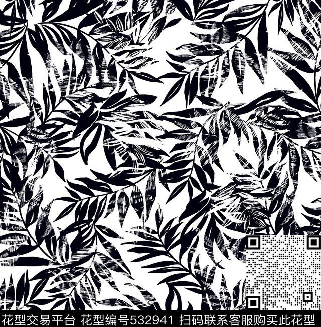 抽象叶子 - 532941 - 抽象叶子 叶子 黑白花型 - 传统印花花型 － 女装花型设计 － 瓦栏