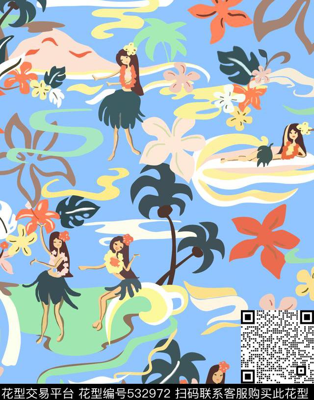 欧美时尚潮流热带风情印花 - 532972 - 女人 热带风情 热带树木 - 传统印花花型 － 女装花型设计 － 瓦栏