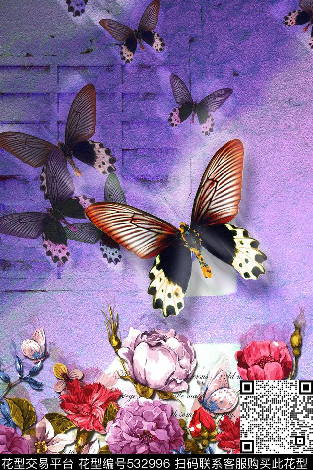 复古蝴蝶、花 - 532996 - 复古风 蝴蝶、花卉 定位花型 - 数码印花花型 － 女装花型设计 － 瓦栏