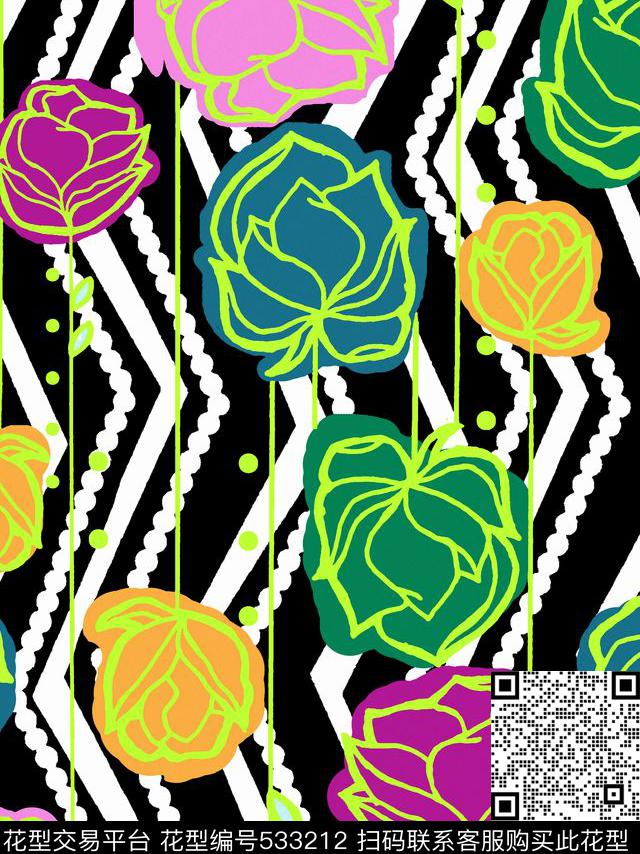 时尚 花卉 几何  服装 家纺 窗帘花型 - 533212 - 时尚潮流 花卉 几何 - 传统印花花型 － 女装花型设计 － 瓦栏
