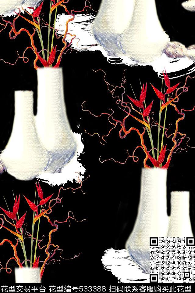 时尚简约大牌花瓶植物印花花型（DL0095） - 533388 - 纯色底 花瓶 植物 - 数码印花花型 － 女装花型设计 － 瓦栏