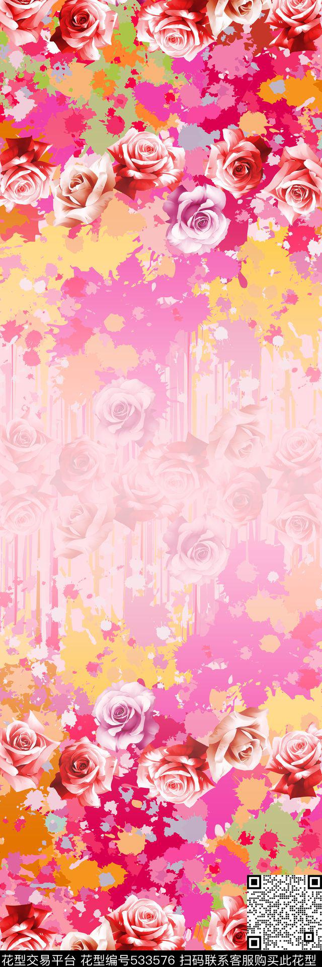 迷彩墨点玫瑰定位花 - 533576 - 墨点 定位花型 花卉 - 数码印花花型 － 女装花型设计 － 瓦栏