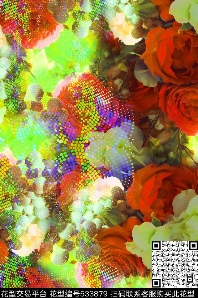 抽象彩色波点花卉图案 - 533879 - 彩色波点 抽象 花卉 - 数码印花花型 － 女装花型设计 － 瓦栏