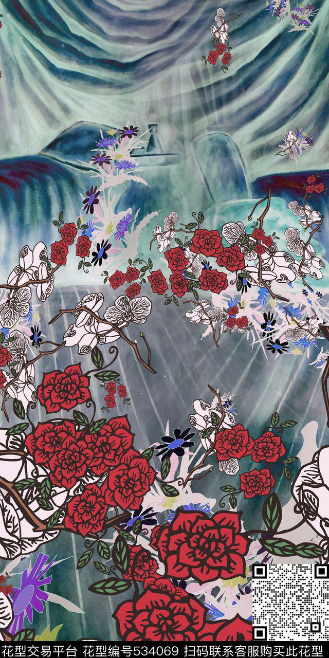 山水玫瑰 - 534069 - 定位花 红玫瑰 山水油画 - 数码印花花型 － 女装花型设计 － 瓦栏