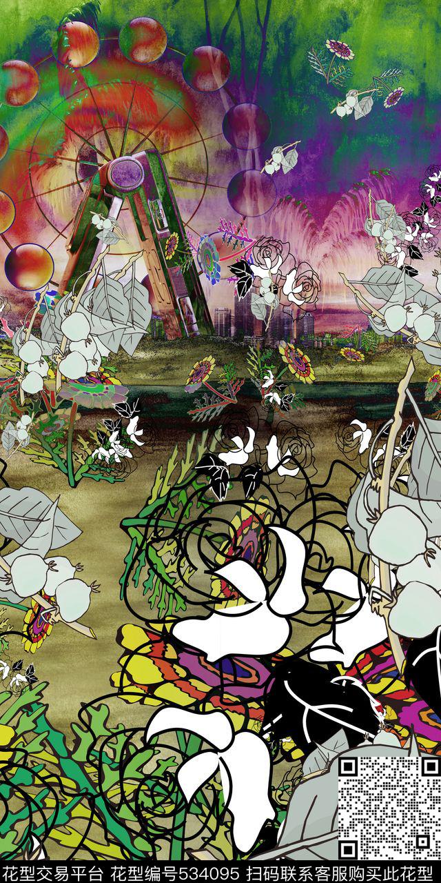 梦幻彩色抽象花卉 - 534095 - 定位花 竹叶 暗色 - 数码印花花型 － 女装花型设计 － 瓦栏