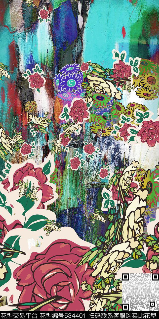 中国风泼墨色彩抽象花卉 - 534401 - 复古时尚 中国民族风 连衣裙 - 数码印花花型 － 女装花型设计 － 瓦栏