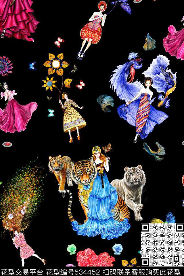 欧洲手绘时尚潮流人物女人花动物珠宝海洋鱼组合 - 534452 - 动物 海洋 蝴蝶 - 数码印花花型 － 女装花型设计 － 瓦栏