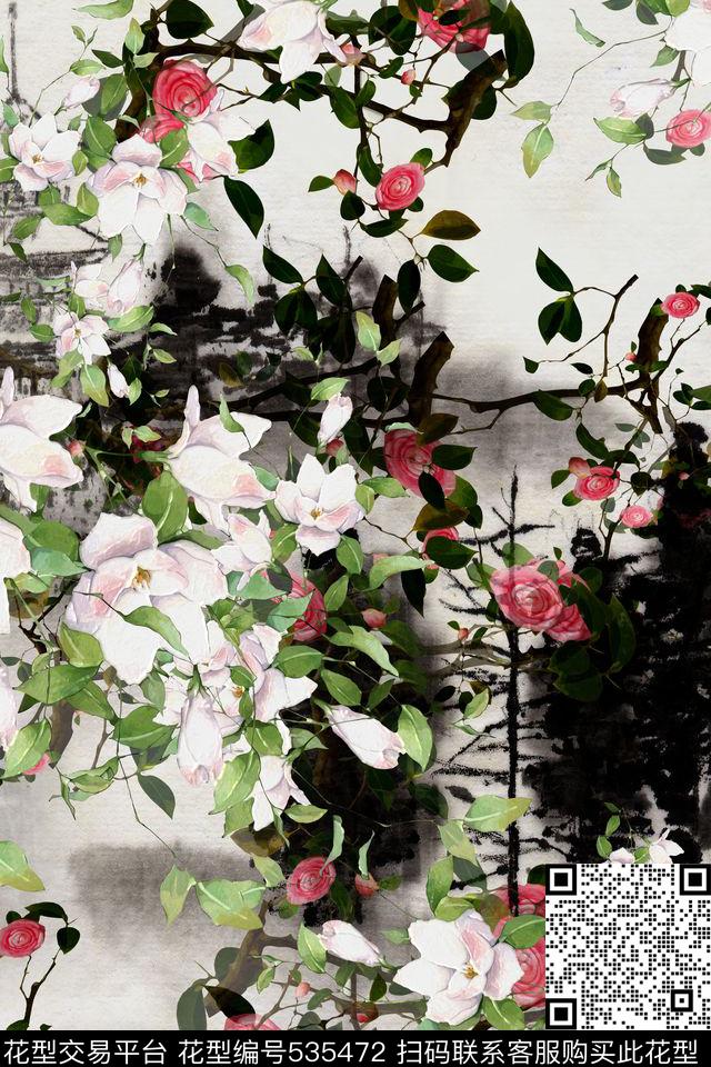 中国风花卉 - 535472 - 水墨中国 花卉详细 粉红 - 数码印花花型 － 女装花型设计 － 瓦栏