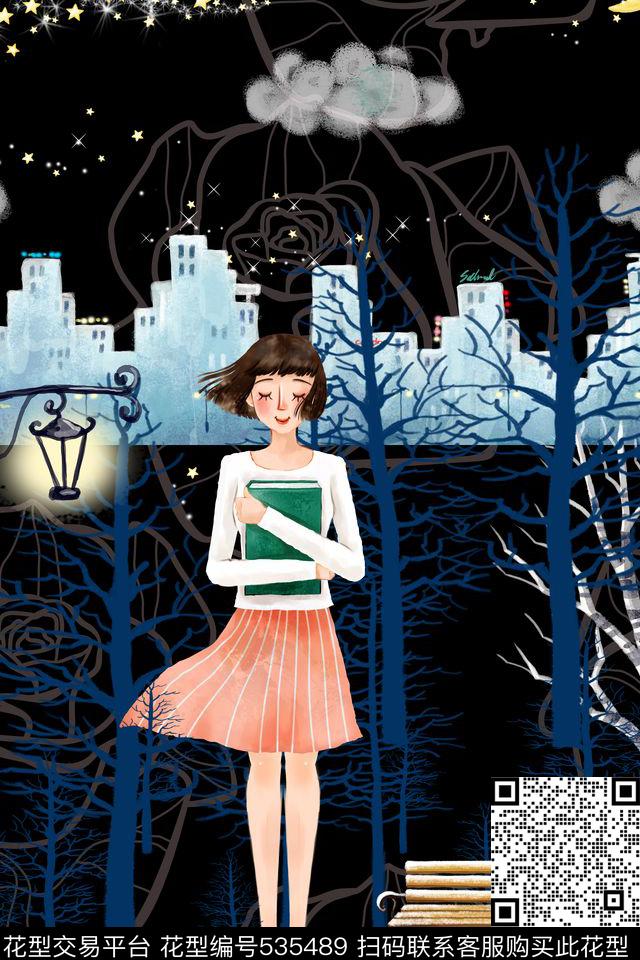 夜色中的女孩 - 535489 - 城市夜景 女孩 树木 - 数码印花花型 － 女装花型设计 － 瓦栏