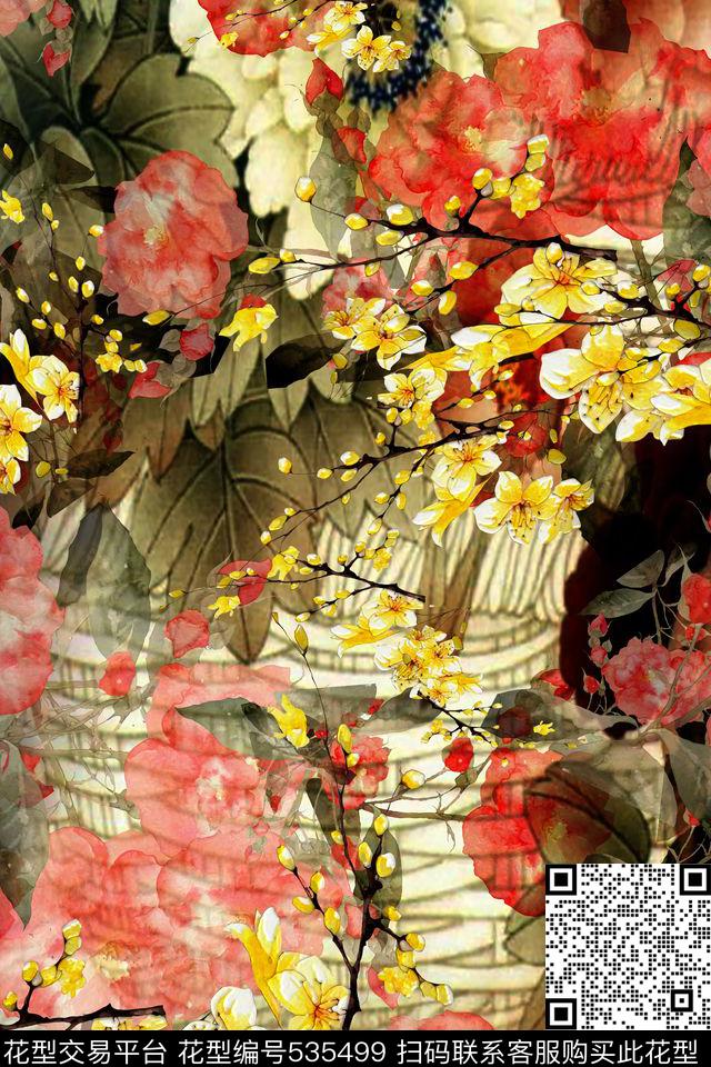 抽象男装花型复古花卉 - 535499 - 抽象背景 花卉 冬季 - 数码印花花型 － 女装花型设计 － 瓦栏