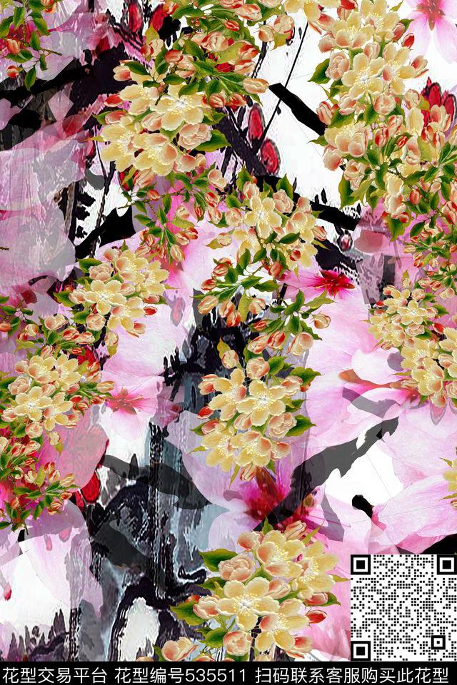 彩色花鸟春夏阳光花型 - 535511 - 花卉 中国风民族系列 时尚风 - 数码印花花型 － 女装花型设计 － 瓦栏