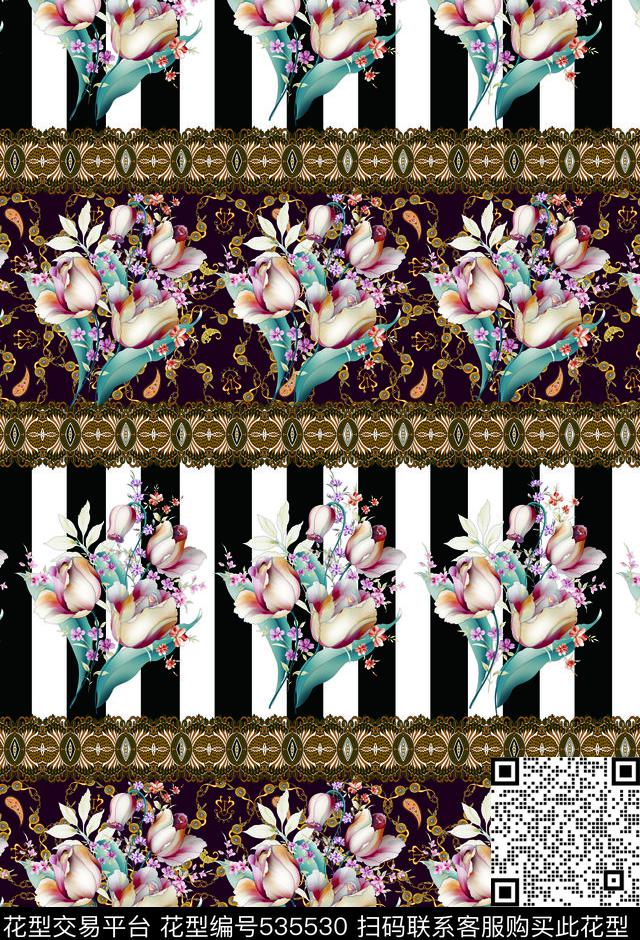 	条子手绘彩墨花 - 535530 - 世界风 手绘欧美 条子手绘花 - 数码印花花型 － 女装花型设计 － 瓦栏