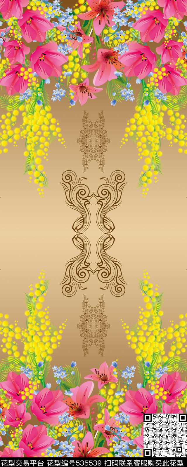时尚 双边定位花卉对称组合花型层稿支持单边定位 - 535539 - 定位花 花卉 传统对称 - 数码印花花型 － 女装花型设计 － 瓦栏