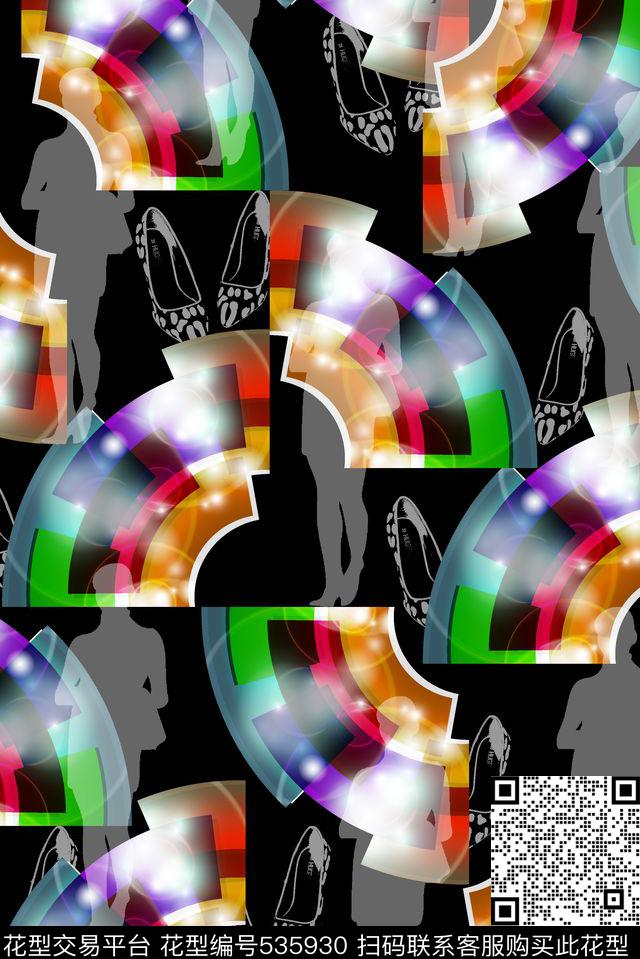 霓虹灯下的时尚女郞 抽象未来元素彩色灯火人物光影图案 - 535930 - 抽象 未来元素 彩色灯火 - 数码印花花型 － 女装花型设计 － 瓦栏