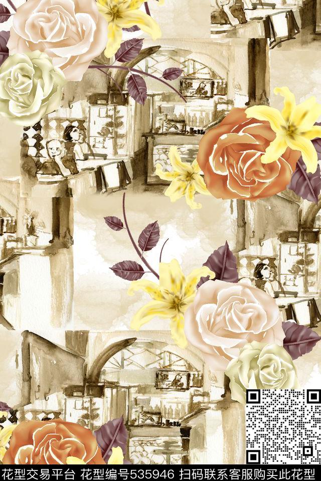 咖啡馆的一角  抽象手绘场景花卉图案 - 535946 - 抽象 手绘场景 花卉 - 数码印花花型 － 沙发布花型设计 － 瓦栏